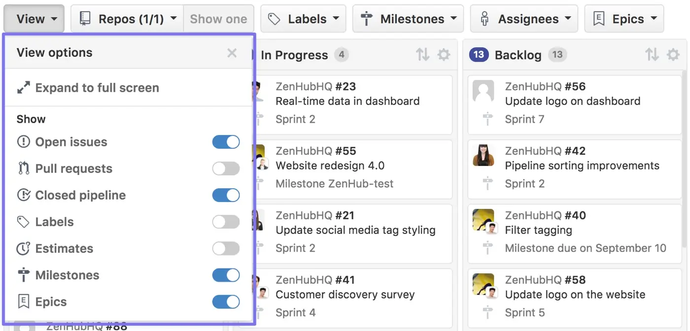 Multiple setting to customize a Kanban board and issue visibility
