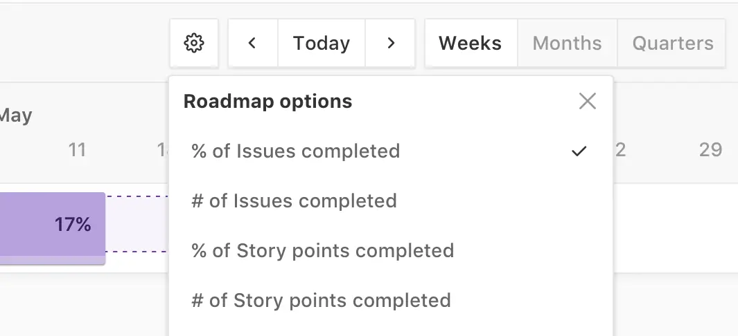 customize your Roadmap view to show progress by number or percentage of issues or story points