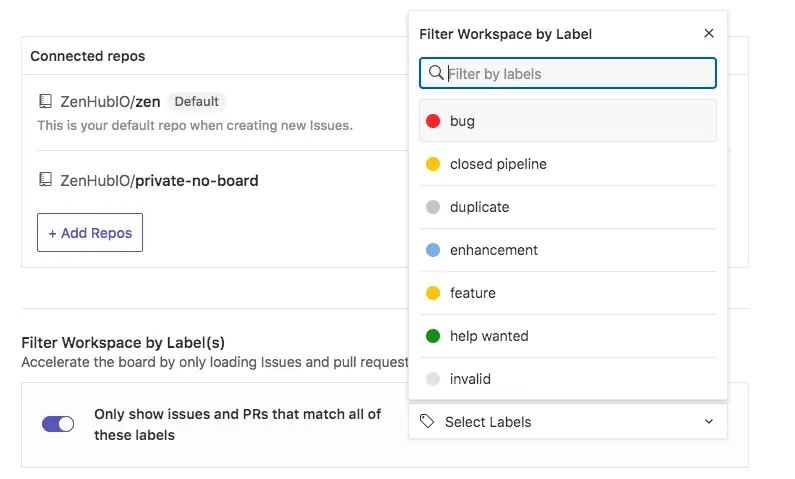 workspace label filtering example in ZenHub