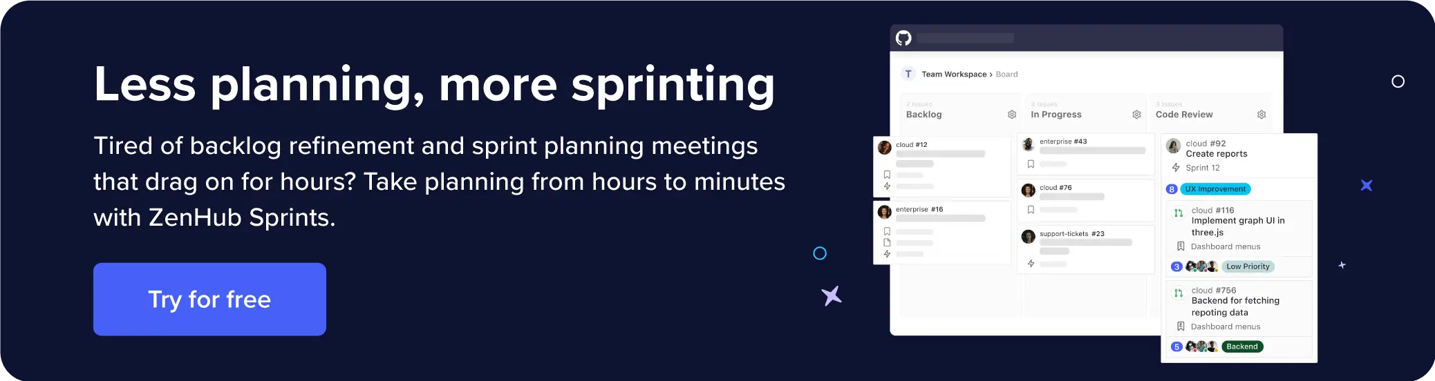 Goes over how to take sprint planning from hours to minutes with ZenHub Sprints.