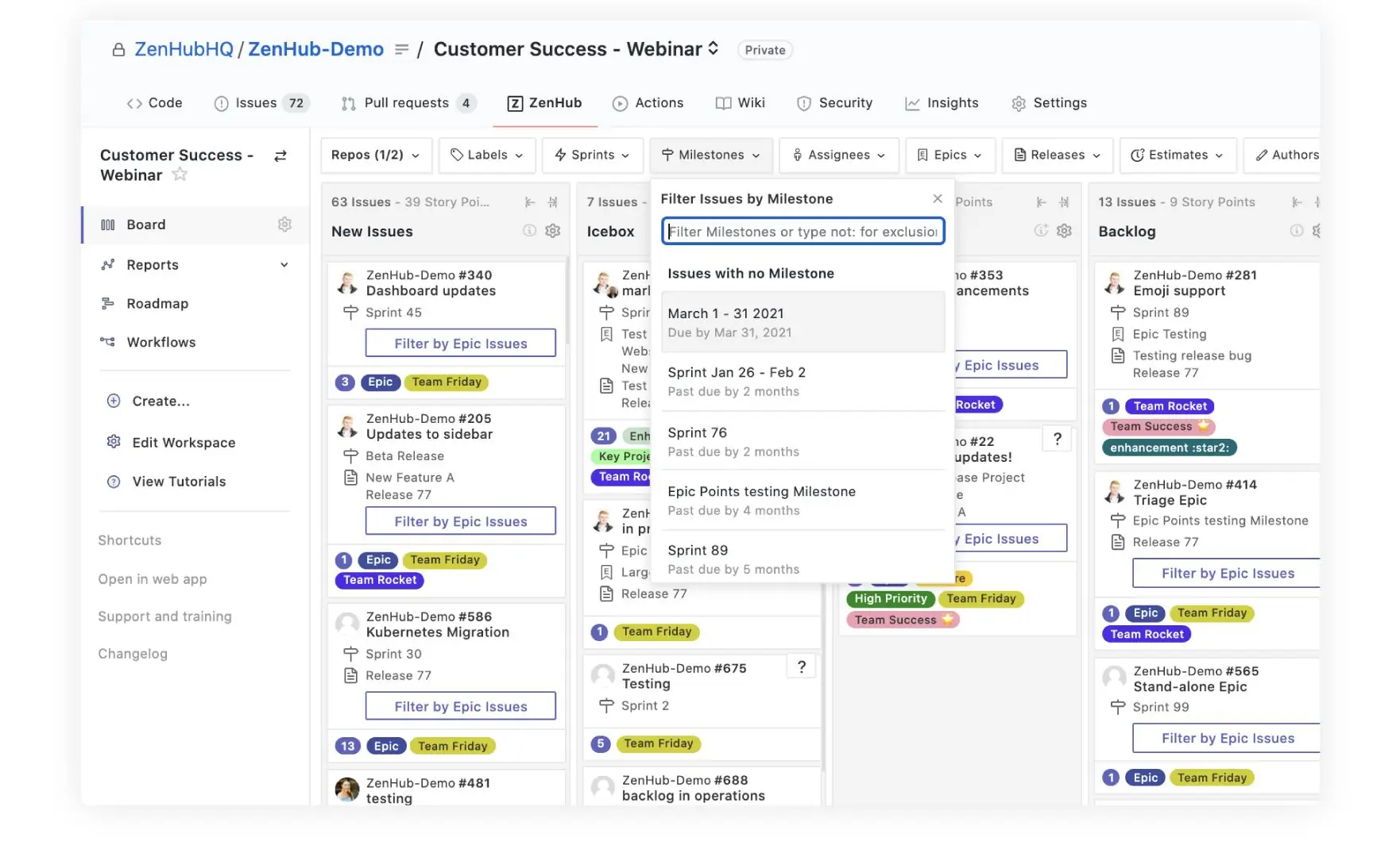 filtering issues by milestone on a customer success Kanban board