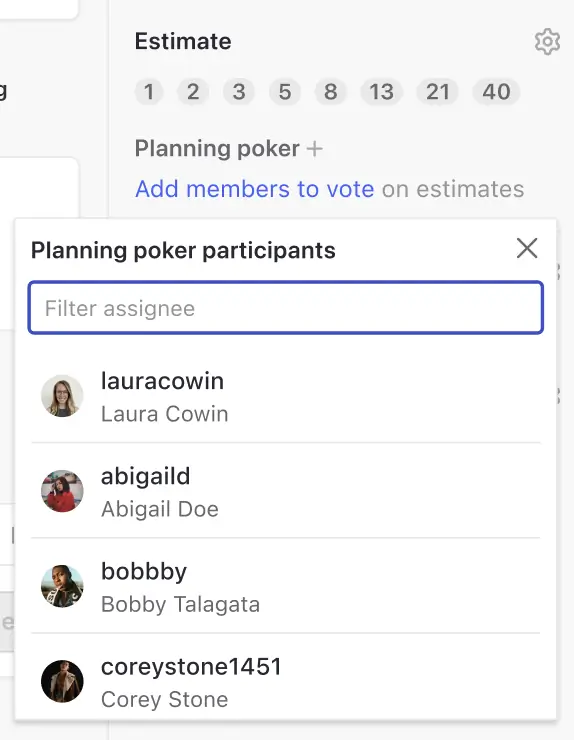 planning poker feature displaying sprint planning participants
