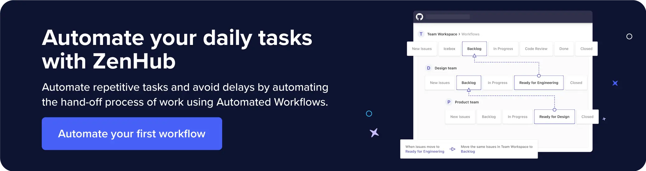 Recommends automating repetitive tasks and avoiding delays in the hand-off process of work through ZenHub.