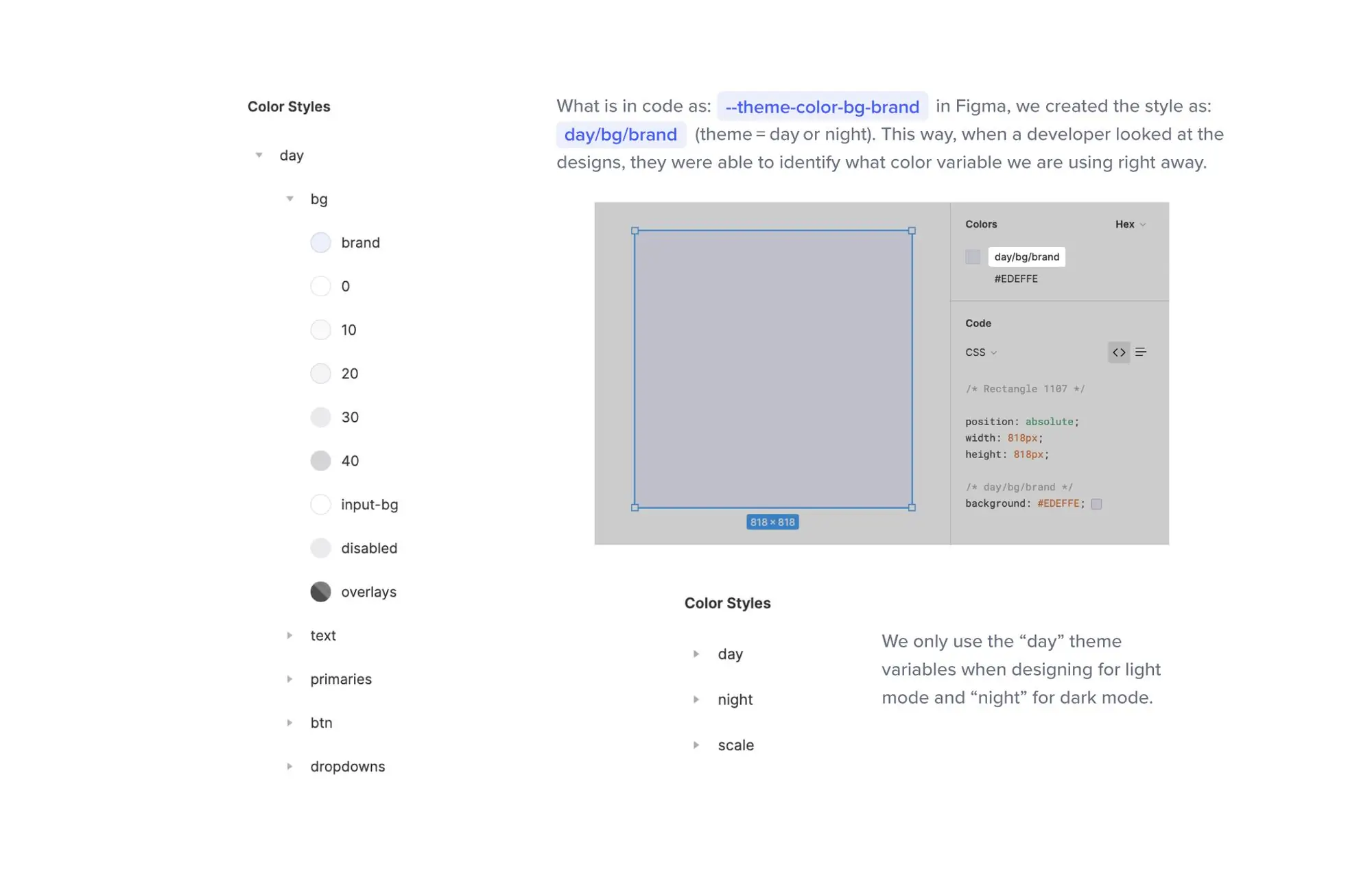 Image showing how the colors and theme variables were transferred to Figma
